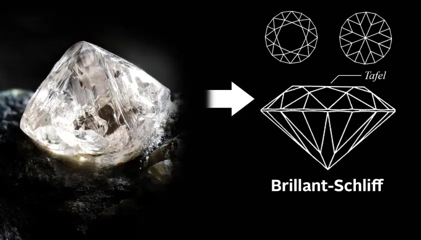 Ein roher Diamant wird zum Brillantschliff verarbeitet. Was ist teurer: Brillanten oder Diamanten? Der Schliff macht den Unterschied.