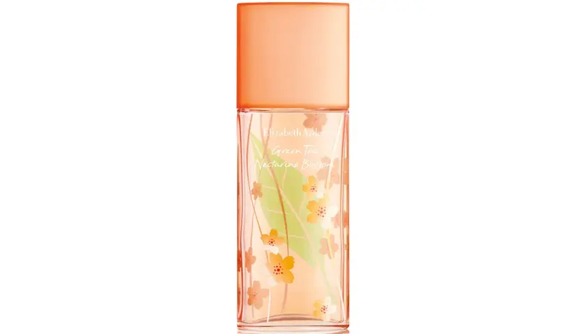 Perfum Elizabeth Arden Green Tea Nectarine Blossom z delikatnym motywem fleur de thé.