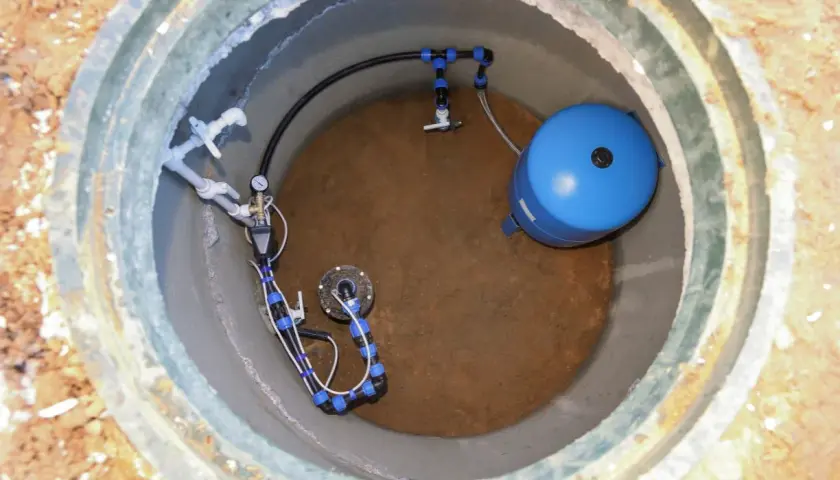 Montaż pompy głębinowej w studni kręgowej. Widoczny niebieski zbiornik hydroforowy i instalacja wodna.