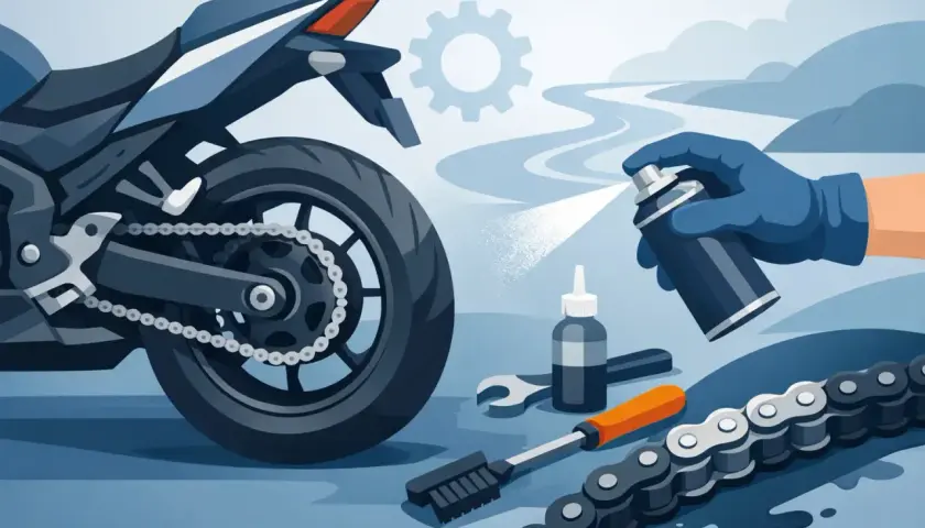 Manutenzione moto: spray lubrificante per la catena, spazzola e chiave inglese pronti per la **tensione catena moto**.