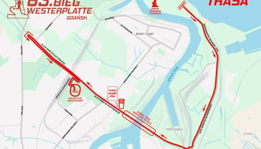 Mapa trasy 63. Biegu Westerplatte w Gdańsku. Trasa biegnie przez tereny portowe, obok Pomnika Obrońców Wybrzeża, przez tunel pod Martwą Wisłą, do mety na Polsat Plus Arena Gdańsk.