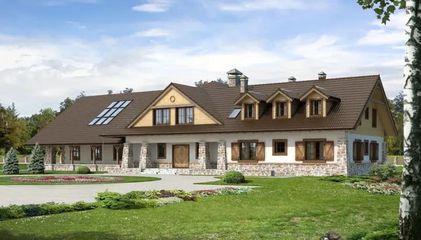Projekt pensjonatu 10 pokoi. Dom z kamienną podmurówką, brązowym dachem i werandą. Otoczony zielonym ogrodem.