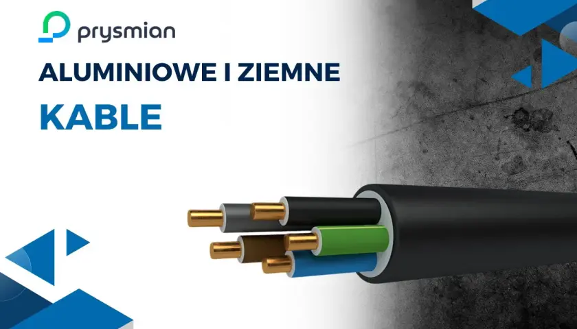 Aluminiowe i ziemne kable Prysmian, z widocznymi żyłami w izolacjach: brązowej, szarej, zielonej i niebieskiej.