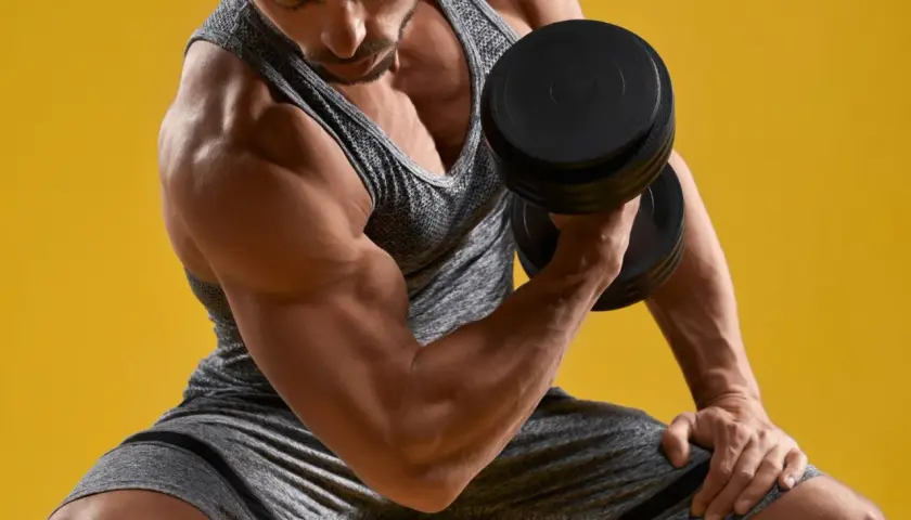 Mężczyzna ćwiczy biceps z hantlem. Widać lekkie drżenie mięśni po treningu, oznakę wysiłku.