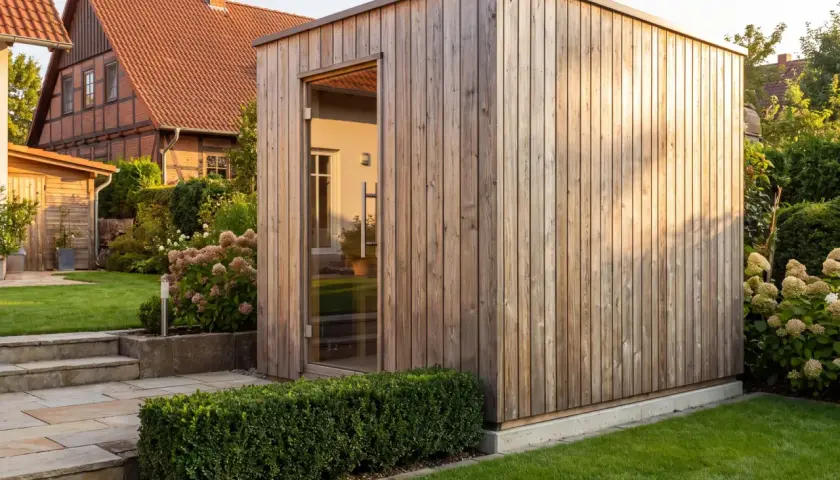 Moderne Gartensauna aus Holz mit Glasfront, perfekt für das eigene Wellness-Erlebnis im Garten. Ein Traum für alle, die eine Gartensauna selber bauen möchten.