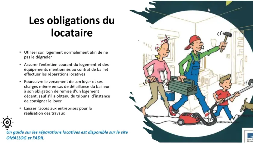 La liste des obligations du locataire inclut l'entretien du logement et le paiement du loyer. Une famille s'occupe des réparations.