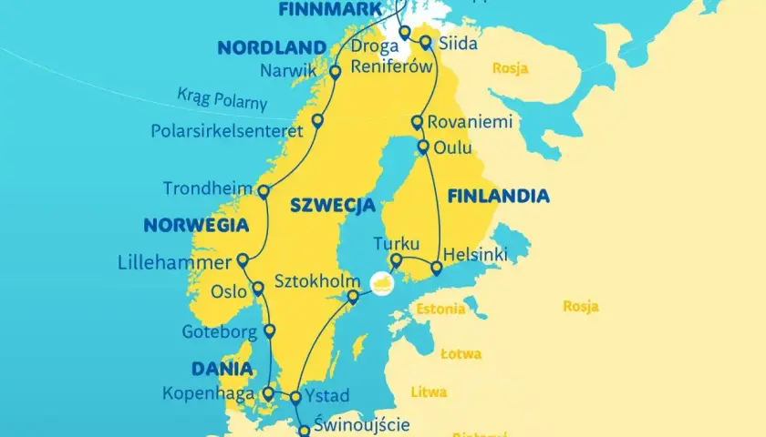 Trasa przez Skandynawię: Norwegia, Szwecja, Finlandia, Dania. Od Nordkapp po Świnoujście, z postojami w **Smalandii** i innych miastach.