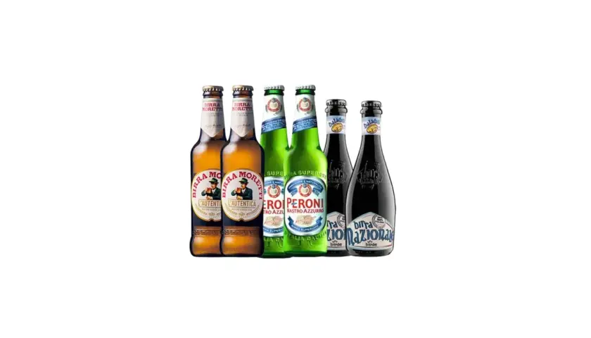 Bouteilles de bière Peroni et Moretti sur fond blanc.