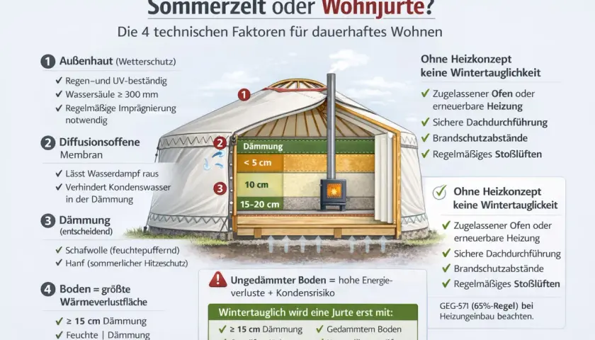 Illustration einer Jurte als Wohnhaus mit detaillierter Darstellung der Dämmung und der vier Faktoren für dauerhaftes Wohnen.