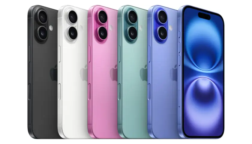 Pięć iPhone'ów w różnych kolorach: czarny, biały, różowy, zielony i fioletowy. Każdy iPhone z 4 aparatami z tyłu.
