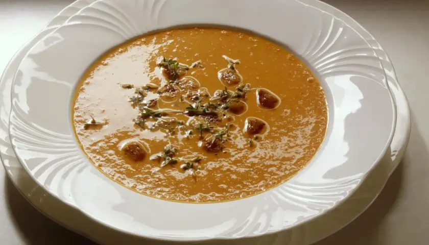 Aksamitny krem z pieczonej papryki, udekorowany świeżym tymiankiem i chrupiącymi grzankami, podany w eleganckiej białej misce.