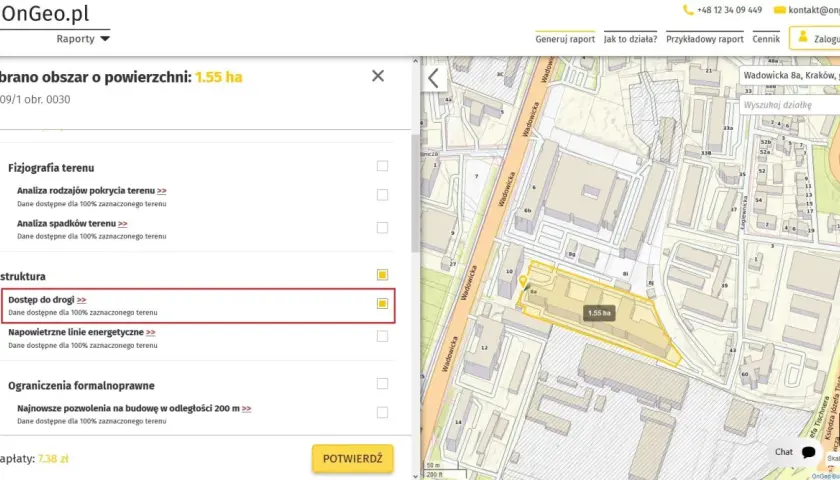 Na mapie OnGeo.pl zaznaczono obszar 1.55 ha. W sekcji "Infrastruktura" można sprawdzić, jak sprawdzić kto jest zarządcą drogi, wybierając opcję "Dostęp do drogi".