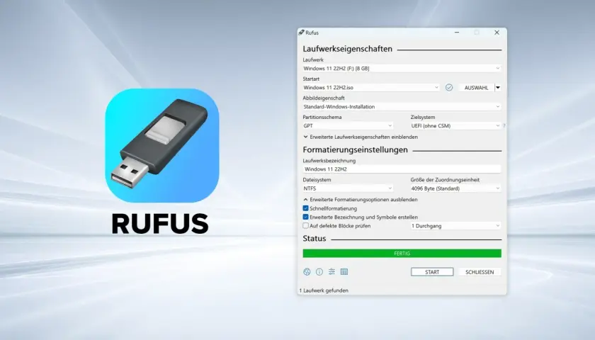 Rufus-Fenster zeigt Einstellungen für Windows 11 22H2.iso auf USB-Stick. So kannst du Windows 11 mit Rufus installieren.