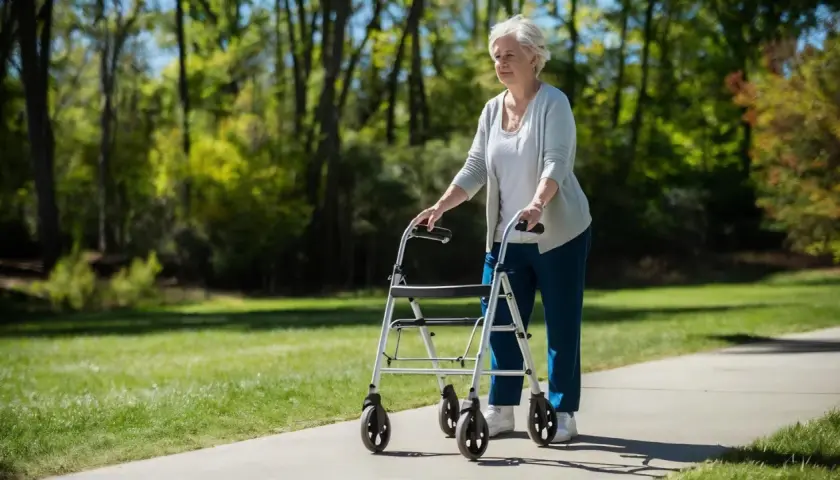Ältere Frau geht mit Rollator auf Rezept im Park.