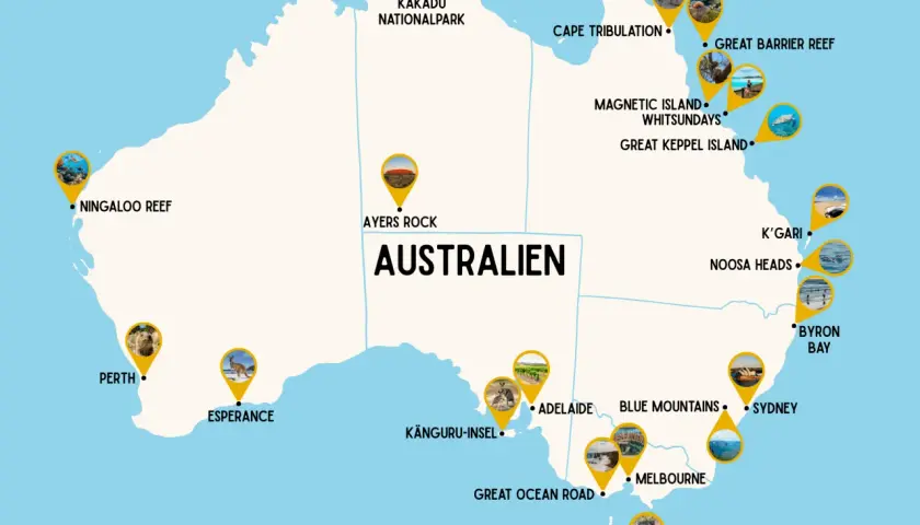 Karte mit Australien-Highlights: Kakadu NP, Great Barrier Reef, Ayers Rock, Ningaloo Reef, Sydney, Melbourne, Tasmanien.