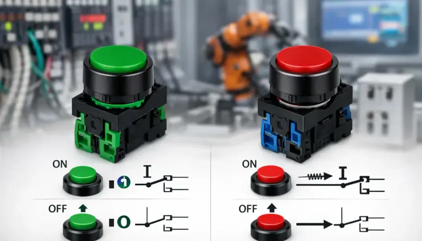 Zielony przycisk monostabilny i czerwony bistabilny. Różnice w działaniu i schematy elektryczne.