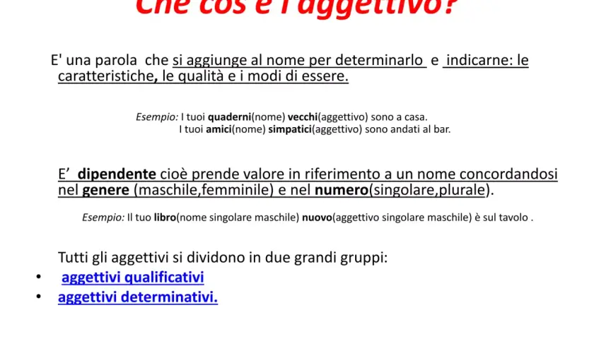 Spiegazione di cos'è l'aggettivo, con esempi di aggettivi qualificativi e determinativi.