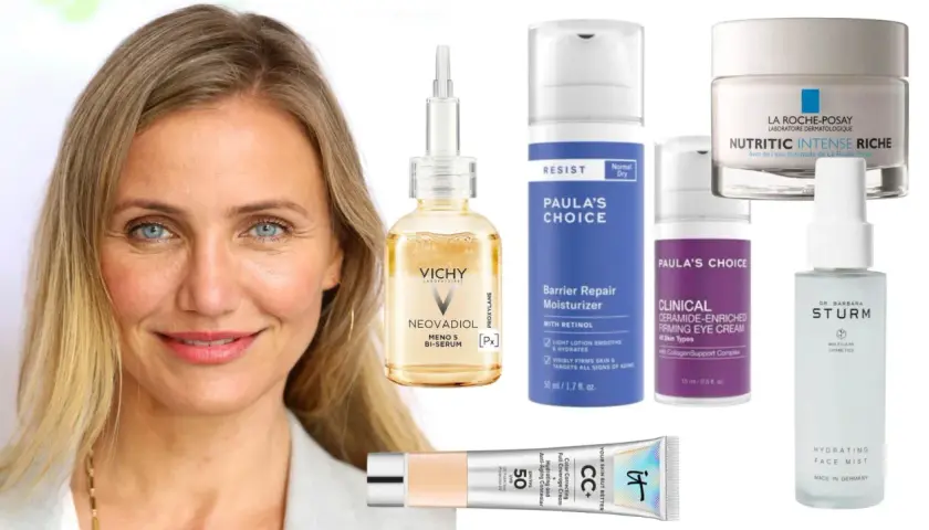 En kvinna med blont hår och blå ögon omgiven av hudvårdsprodukter, inklusive Vichy Neovadiol Meno 5 Bi-Serum, perfekt för hudvård under klimakteriet.