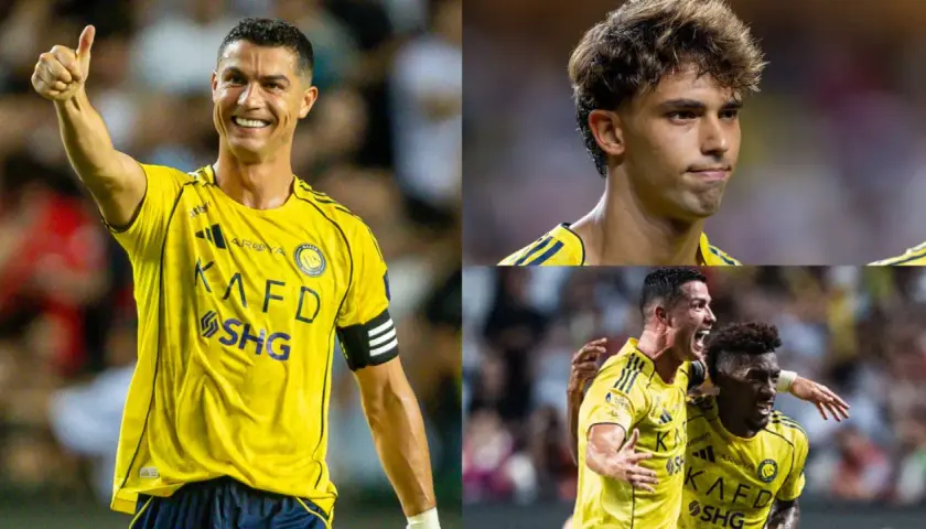 Cristiano Ronaldo i João Félix w żółtych koszulkach Al Nassr. Spekulacje o al nassr transfery.