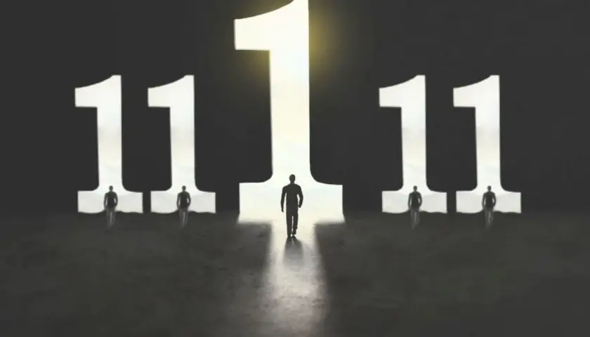 Siluetas de personas caminan hacia el número 11, que representa qué significa el número 11, un portal de luz.