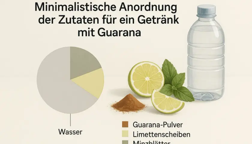 Minimalistische Zutaten für ein Guarana-Getränk: Wasser, Guarana-Pulver, Limette, Minze. Guarana wirkt belebend auf die Psyche.