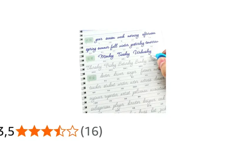 Cuaderno de caligrafía inglesa con palabras como "year", "season", "week", "morning", "afternoon", "spring", "summer", "fall", "winter", "yesterday", "tomorrow", días de la semana y profesiones.