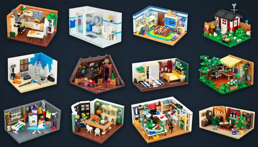 Kleine, detailreiche Lego Mocs: Küche, Bad, Kinderzimmer, Gartenhaus, Werkstatt, Dachboden, Waschküche, Esszimmer, Schlafzimmer, Außenküche, Büro, Wohnzimmer.