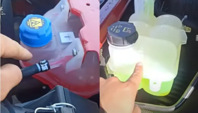 Dos depósitos de líquido refrigerante de cotxe, uno con líquido rosa y otro con líquido verde brillante.