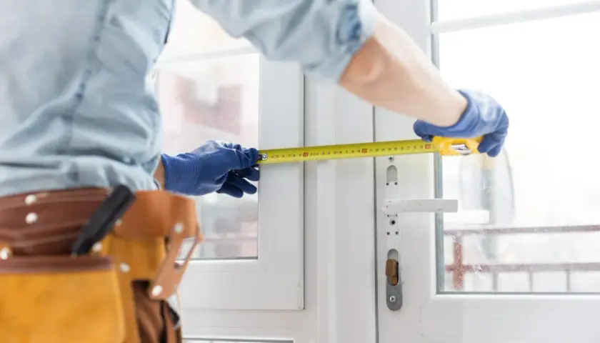 Tecnico con guanti blu misura un serramento bianco. La cintura porta attrezzi suggerisce un intervento di assistenza serramenti.