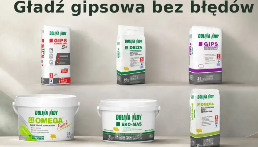 Sześć opakowań gładzi gipsowej Dolina Nidy: GIPS S+, Delta, GIPS Śnieżnobiały, Omega Finish, EKO-MAS i Omega.