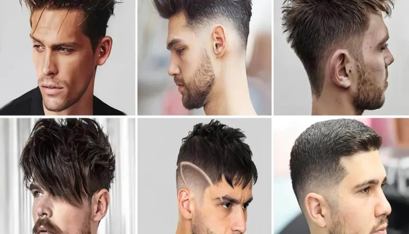 Seis hombres con cortes de pelo modernos, incluyendo un degradado hombre con líneas definidas y estilos texturizados.