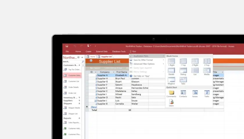 Lista dostawców w programie ms access, zawierająca dane firm, imiona i nazwiska kontaktów.