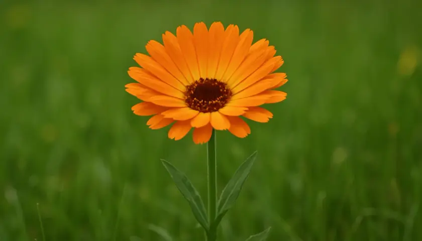 Un fiore arancione brillante, una calendula selvatica come riconoscerla, spicca su uno sfondo verde sfocato.