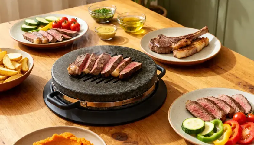 Une pierrade pour 10 personnes avec des steaks savoureux, des légumes frais et des frites croustillantes. Un repas convivial et gourmand.