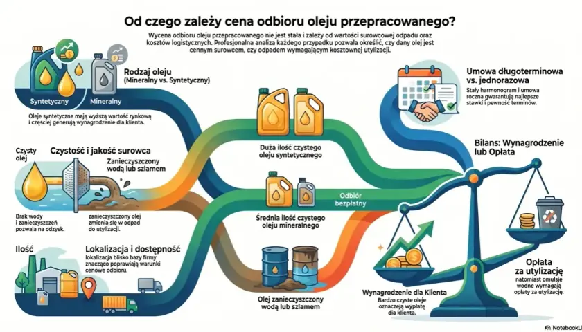 Ilustracja przedstawia diagram czynników wpływających na cenę odbioru oleju przepracowanego, m.in. rodzaj oleju, czystość, ilość, lokalizację i umowę.