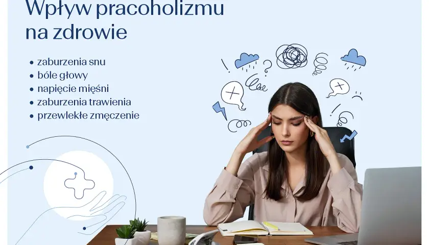 Kobieta z bólem głowy, objaw pracoholizmu: zaburzenia snu, trawienia, zmęczenie.