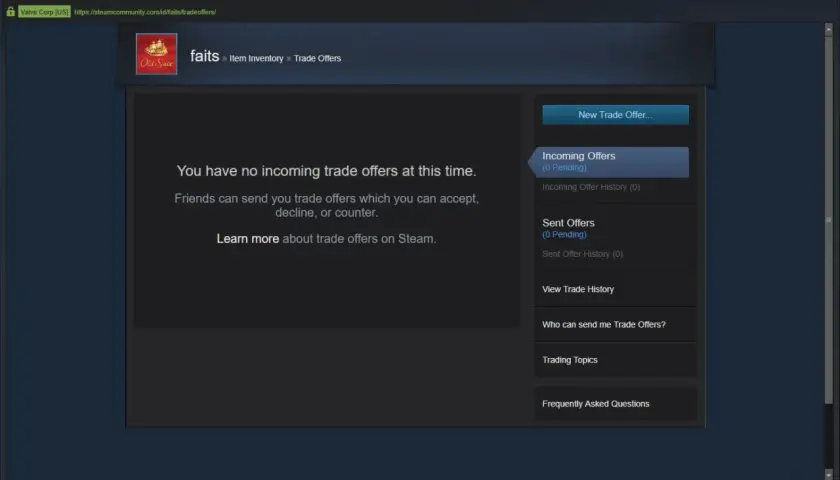 Ekran Steam pokazuje brak ofert wymiany. Dowiedz się, jak ustawić trade url na Steam, aby móc je otrzymywać.