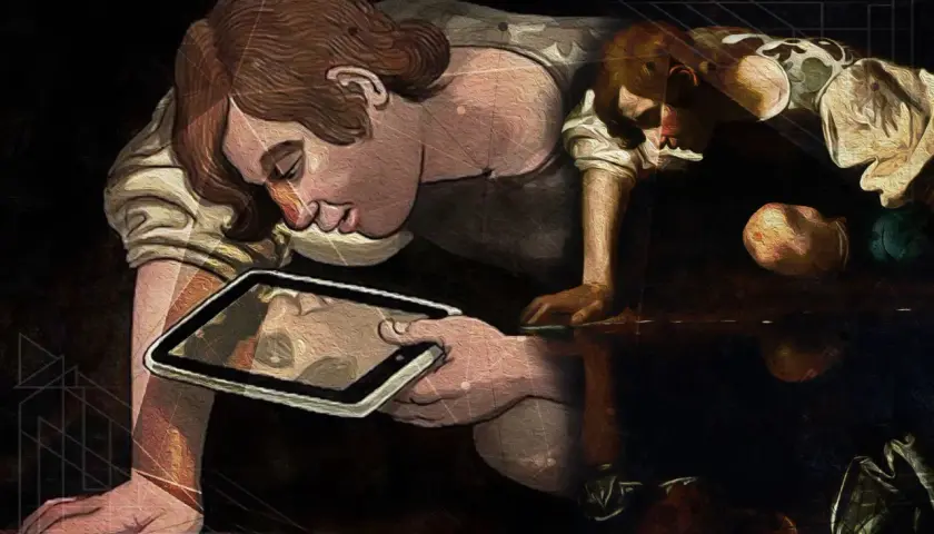 Donna narcisista bipolare, persa nel riflesso del suo tablet, tra luci e ombre che ne celano l'anima.