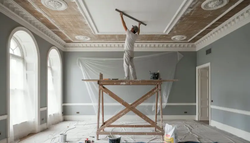 Lavori di intonaco interno: un operaio su un ponteggio applica l'intonaco al soffitto decorato di una stanza in ristrutturazione.