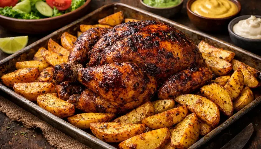 Un jugoso pollo a la brasa dorado y crujiente, acompañado de papas rústicas y ensalada fresca.