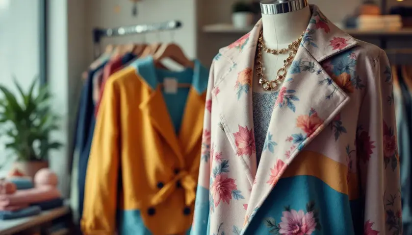 Manteau fleuri sur mannequin, avec un collier doré. Un autre vêtement jaune et bleu est visible derrière. La couleur complémentaire du vêtement est bien choisie.