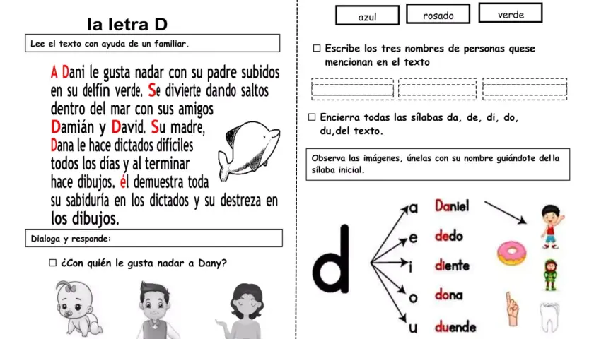 Dani disfruta nadar en su delfín verde. Descubre palabras que empiezan por d: Daniel, dedo, dona, duende.