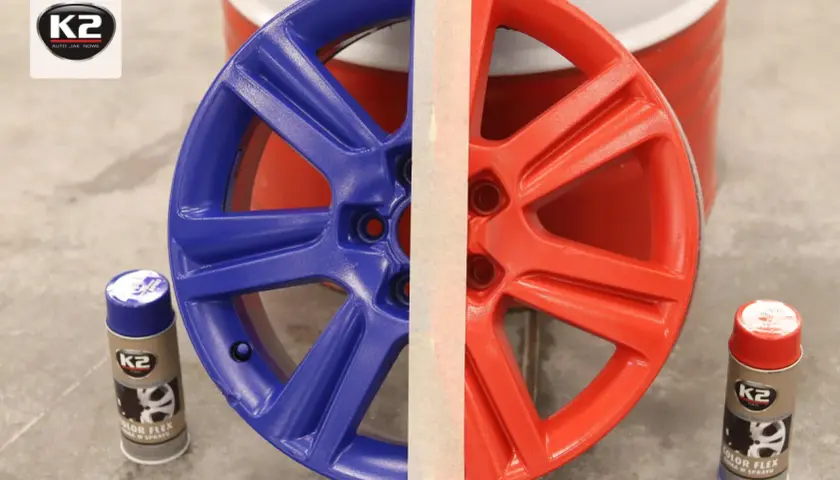 Alufelga podzielona na dwie części: niebieską i czerwoną. Obok puszki z napisem "K2 COLOR FLEX", pokazujące czym pomalować alufelgi.