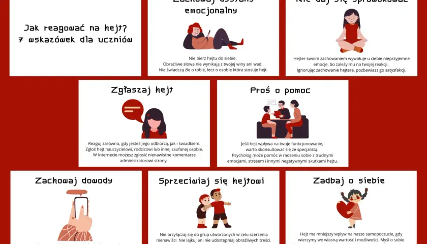 Jak reagować na hejt? 7 wskazówek dla uczniów: zachowaj dystans, nie daj się sprowokować, zgłaszaj, proś o pomoc, zachowaj dowody, sprzeciwiaj się, zadbaj o siebie.