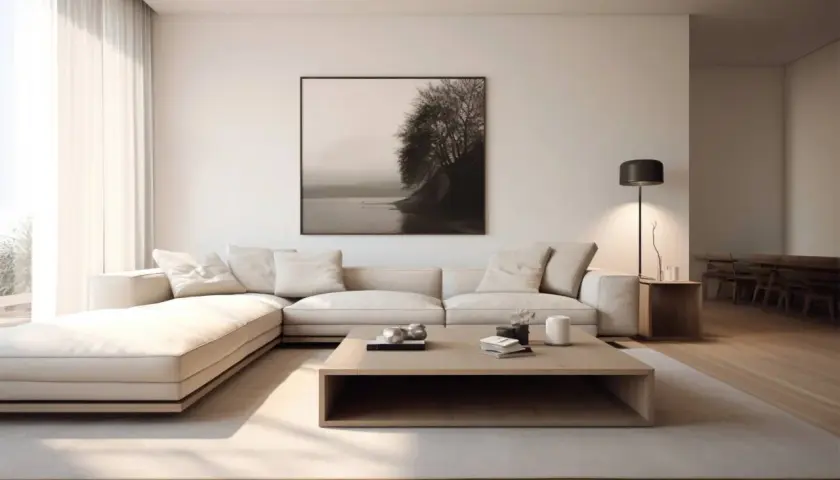 Minimalistyczny salon z dużą, beżową kanapą i drewnianym stolikiem. Obraz na ścianie przedstawia klif i drzewa, wszystko w subtelnych odcieniach bieli.