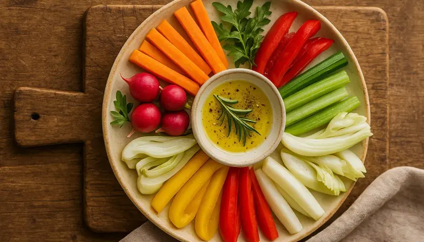 Bunte Gemüsesticks wie Karotten, Paprika, Sellerie und Radieschen, serviert mit einem Dip – eine köstliche Auswahl an besonderen italienischen Vorspeisen.