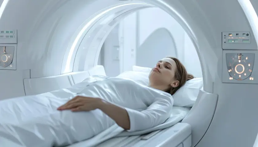 Kobieta leży w aparacie rezonansu magnetycznego, badanie wykaże, czy ma torbiel szyszynki.
