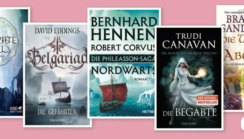 Buchcover für mehr lesen sci-fi und fantasy: "Das gefälschte Siegel", "Die Gefährten", "Nordwärts", "Die Begabte" und "Die Tänzerin am Abgrund".