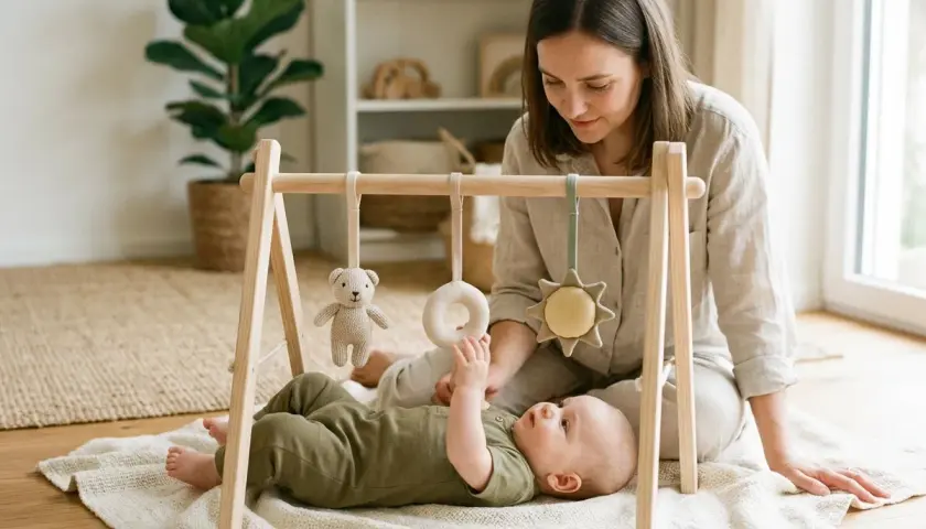 Mamma tittar på sitt barn som leker under ett babygymmet med en nallebjörn och en sol.
