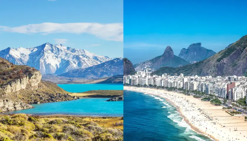 Krajobraz Argentyny z ośnieżonymi górami i turkusowym jeziorem obok plaży w Brazylii z górami w tle.